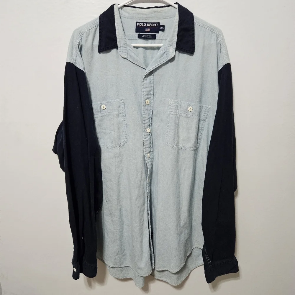 RARE 90s Vintage Polo Sport Chambray Color Block Button Up Shirt Mens XXL B22